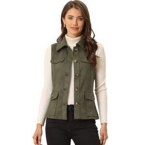 Faux Suede Vest Utility Buttoned with Cargo Pocket Army Green